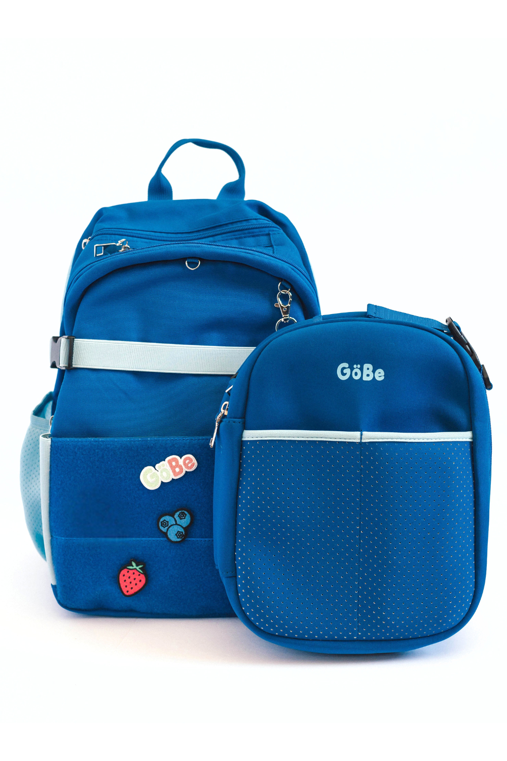Blue backpack and small Lunch Bag with 'GoBe' branding on a white background